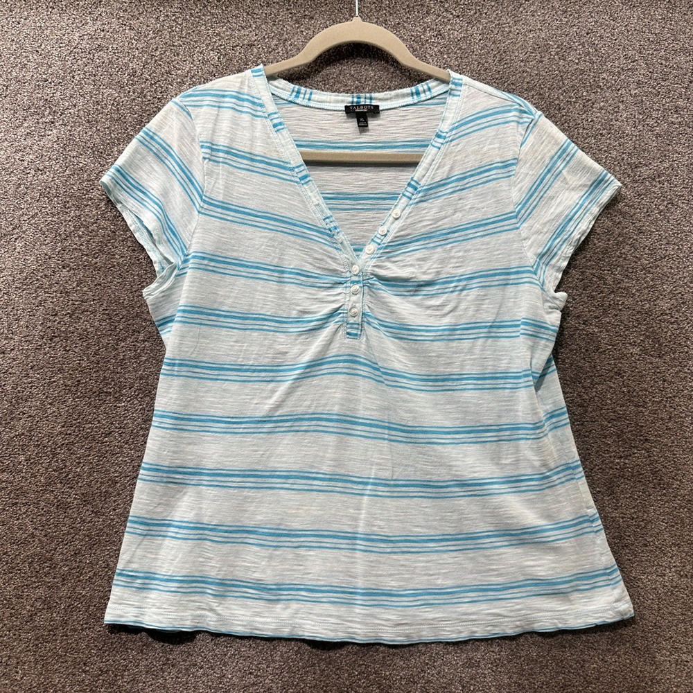 Talbots Womens XL Blue White Striped Cotton Slub Henley V-Neck Short Sleeve Tee
